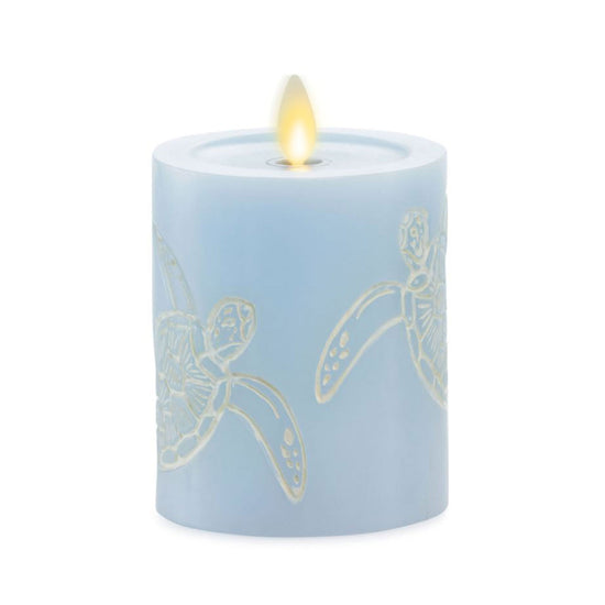 Coastal Blue Flameless Sea Turtle Candle Pillar - Recessed Top