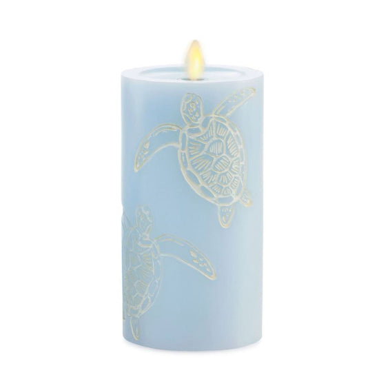 Coastal Blue Flameless Sea Turtle Candle Pillar - Recessed Top