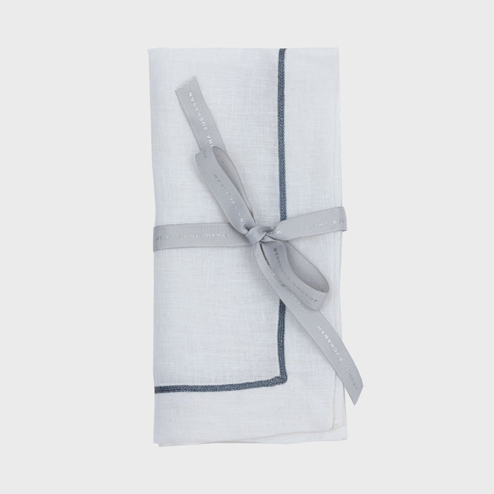 Gunmetal Trim Linen Dinner Napkins, White, Set of Two