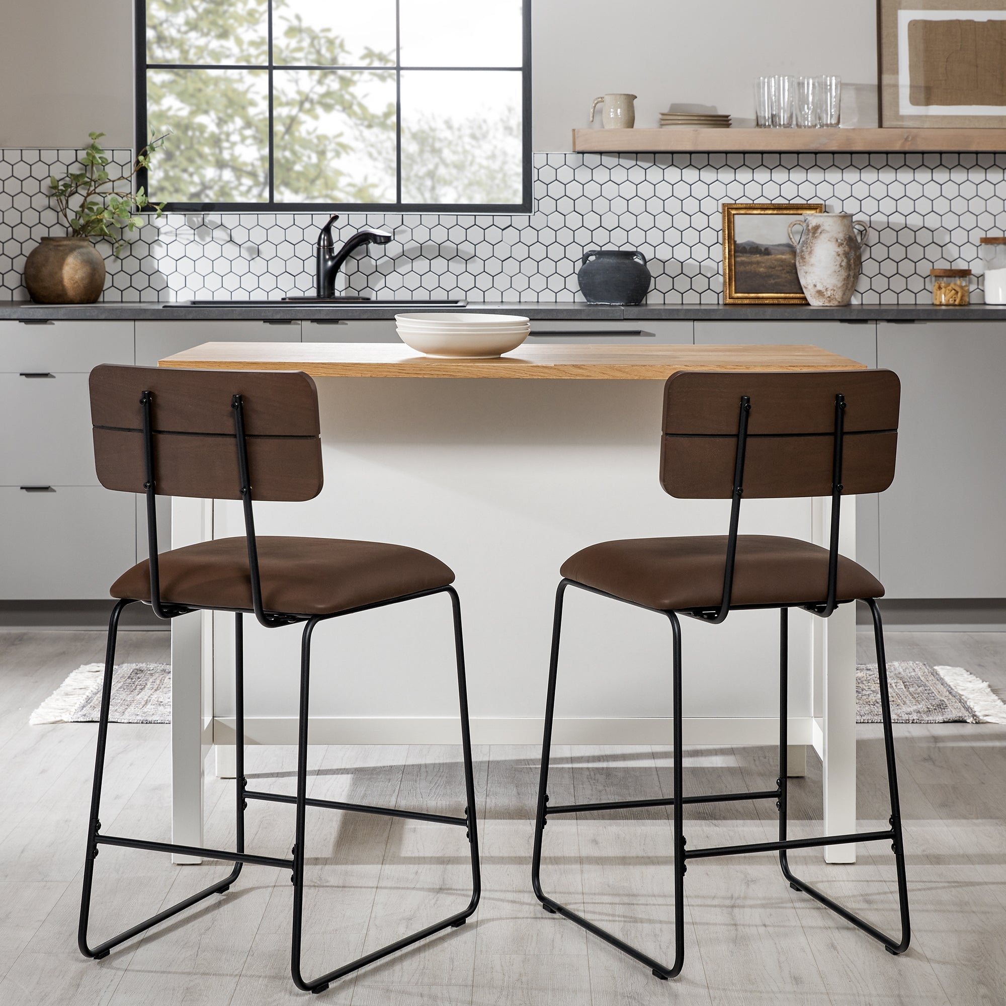 Roland Modern 2-Piece Faux Leather Metal and Wood Counter Stool Set