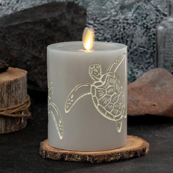 Sandy Grey Flameless  Sea Turtle Candle Pillar - Recessed Top