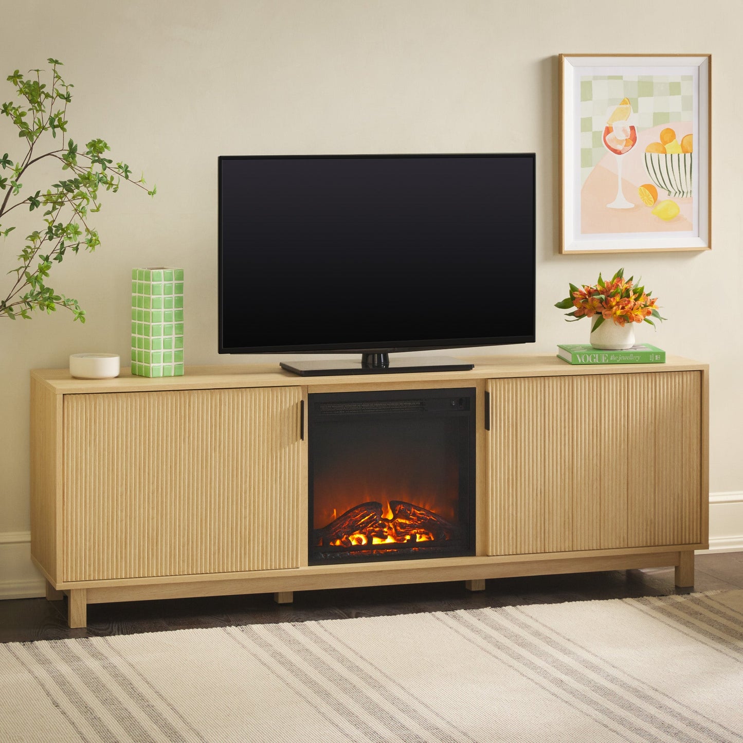 Reema Scandinavian 70" Modern Reeded TV Stand with Freestanding Electric Fireplace