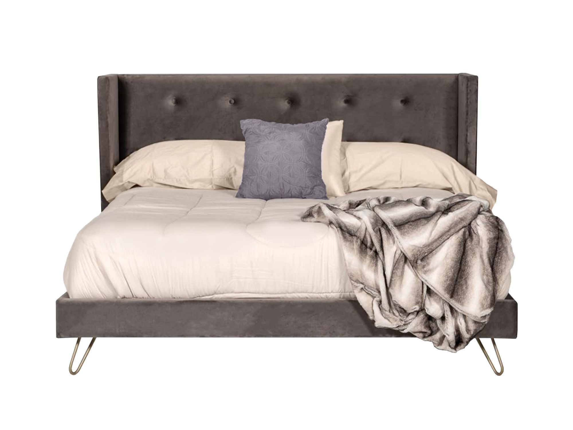 Queen Nova Domus Bryan Modern Grey Velvet & Gold Bed