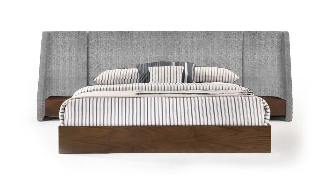 Nova Domus Janice - Modern Grey Fabric and Walnut Bed and Nightstands