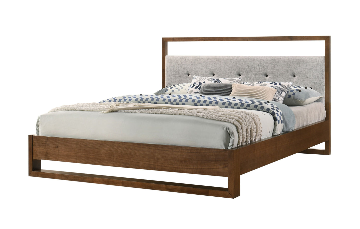 Queen Nova Domus Falcor - Modern Grey Fabric & Walnut Veneer Bed