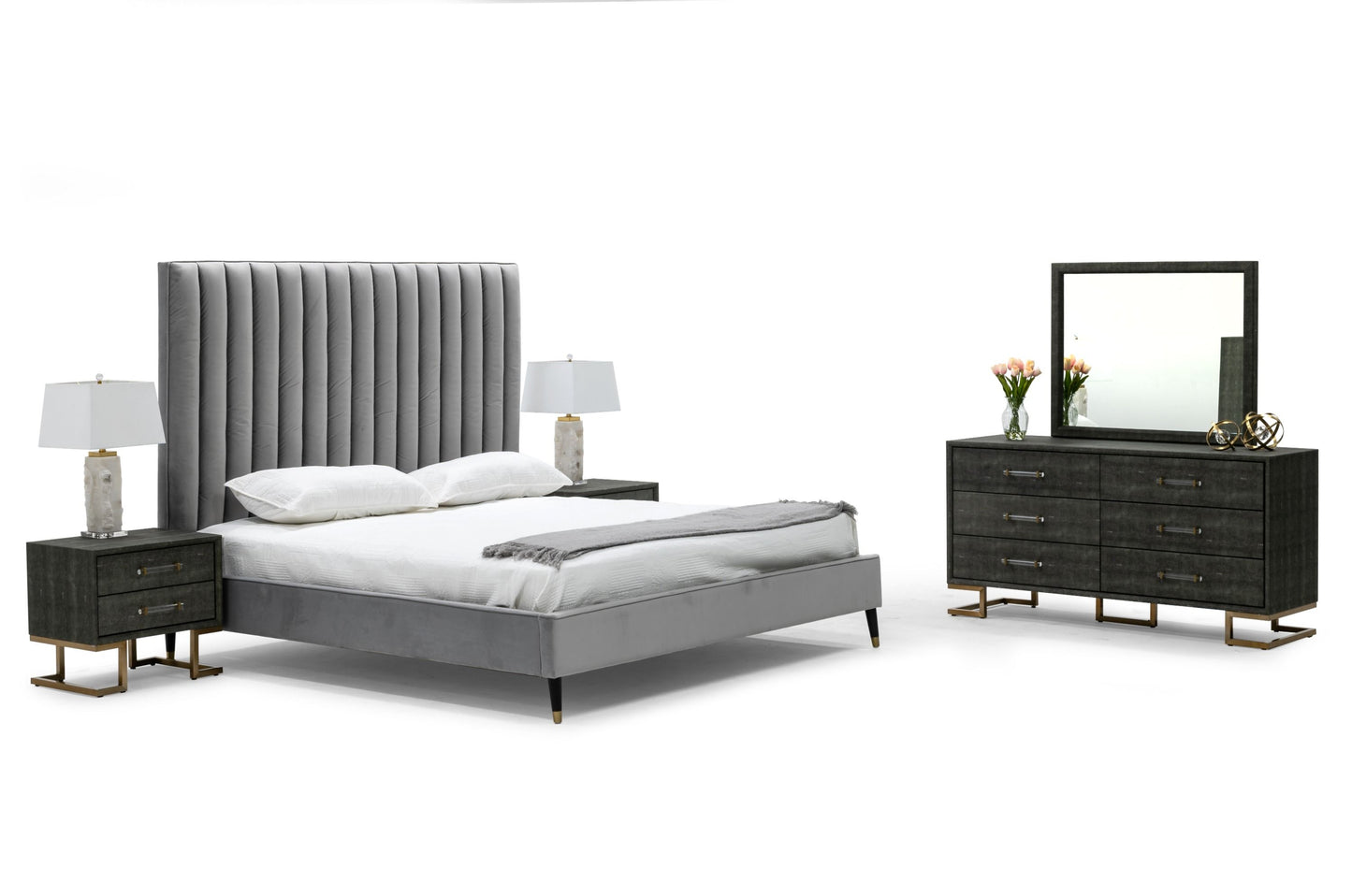 Modrest Hemlock - Eastern King Modern Grey Velvet Bed