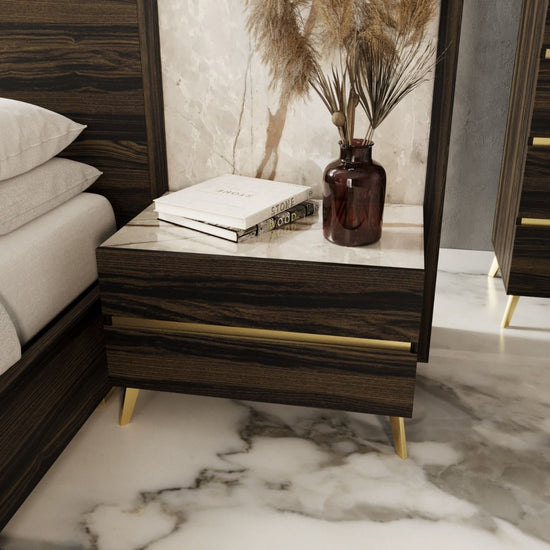 Nova Domus Velondra - Eastern King Modern Eucalypto + Marble Bed with Two Nightstands