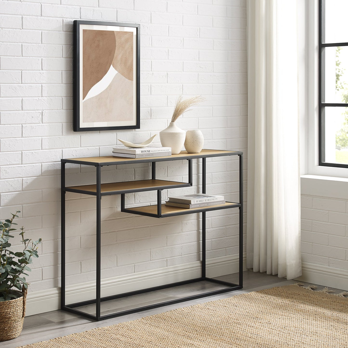 Maya 42" Metal and Wood Tiered Shelf Entry Table