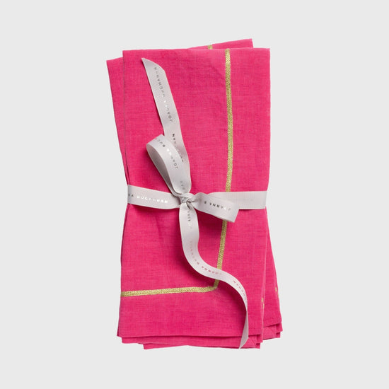 Gold Trim Linen Dinner Napkins, Bright Pink, Set of Two