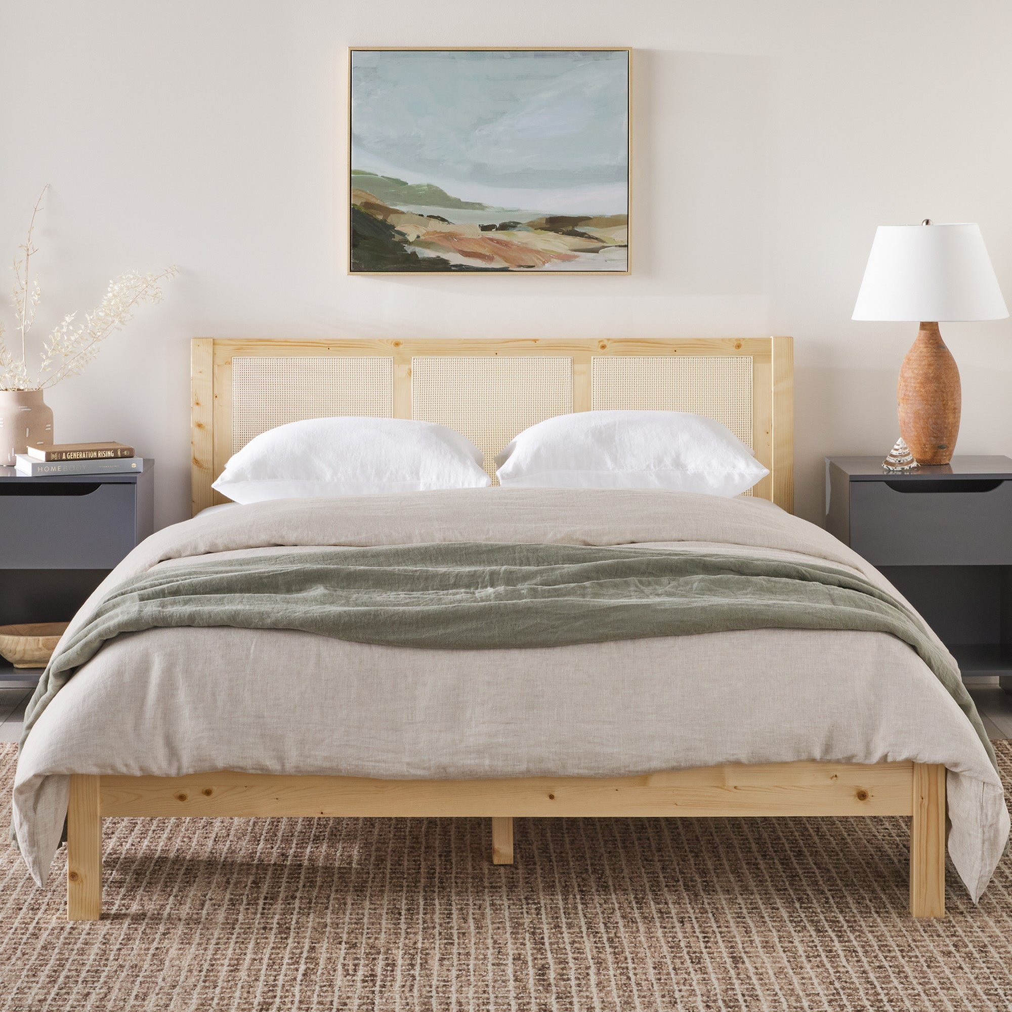 Yasmina Solid Wood Rattan Paneled Platform Bed (Queen or King)