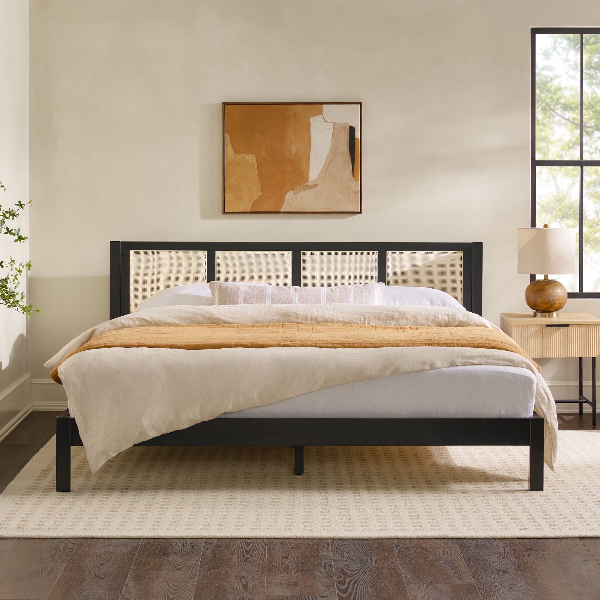 Yasmina Solid Wood Rattan Paneled Platform Bed (Queen or King)