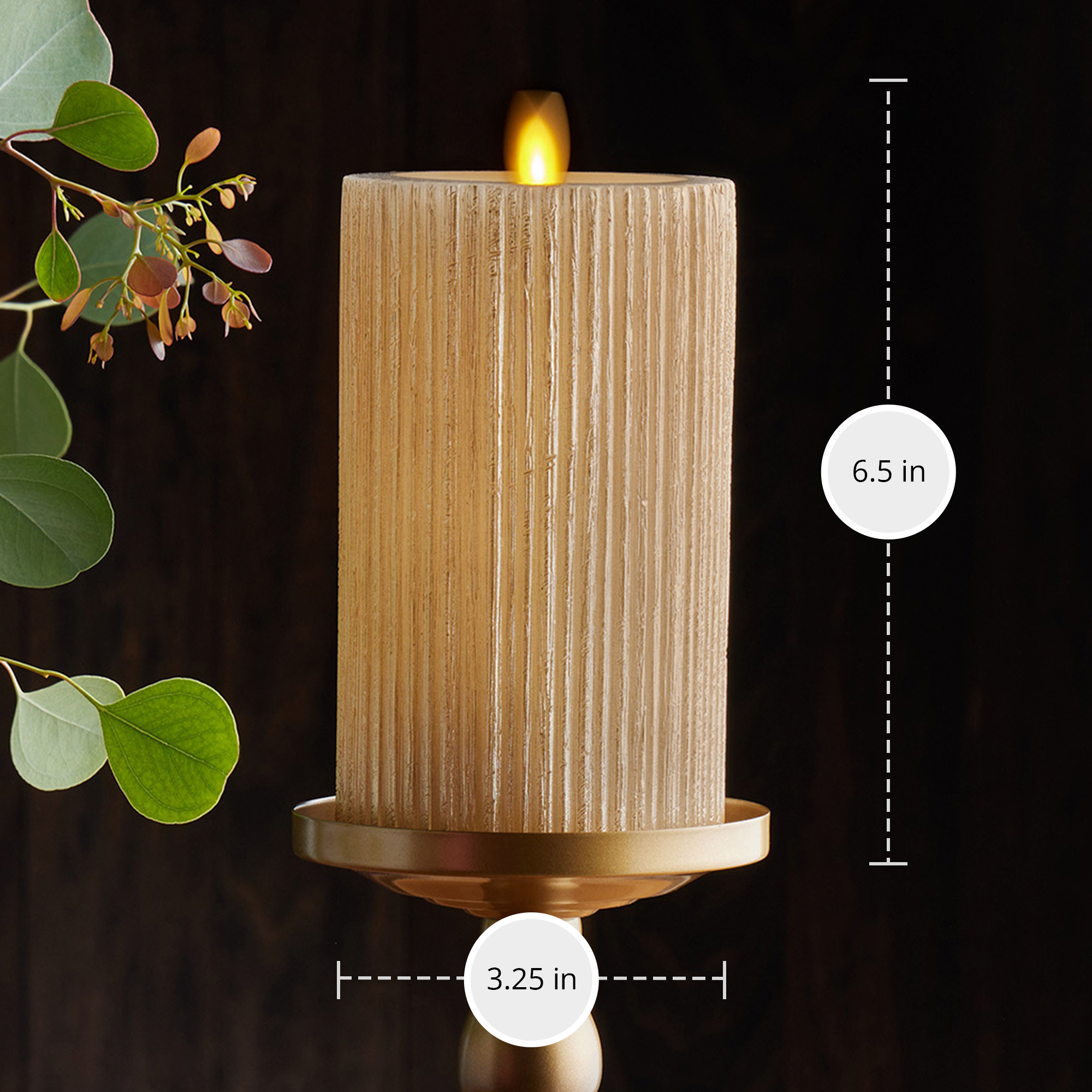 Ribbed Metallic Champagne Flameless Candle Pillar