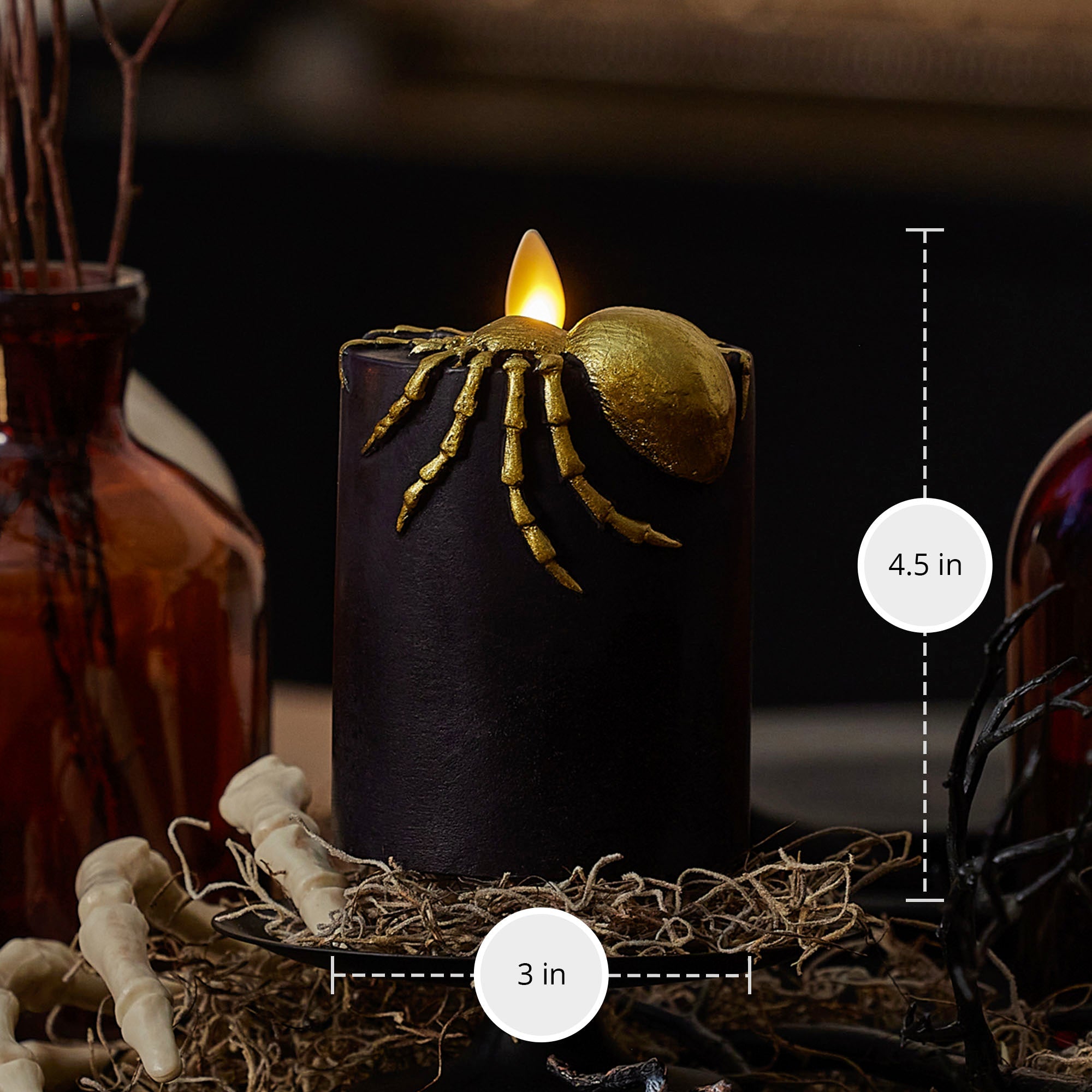 Black and Gold Spider Flameless Candle Pillar