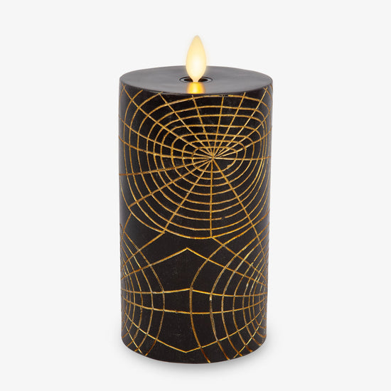 Black and Gold Spider Web Flameless Candle Pillar