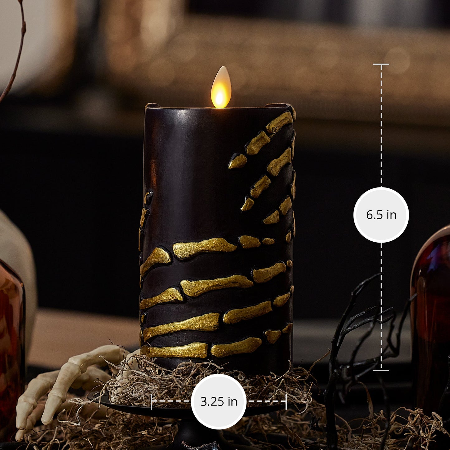 Black and Gold Skeleton Hands Flameless Candle Pillar