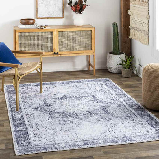 Nora Traditional Mandala Washable Rug, Denim