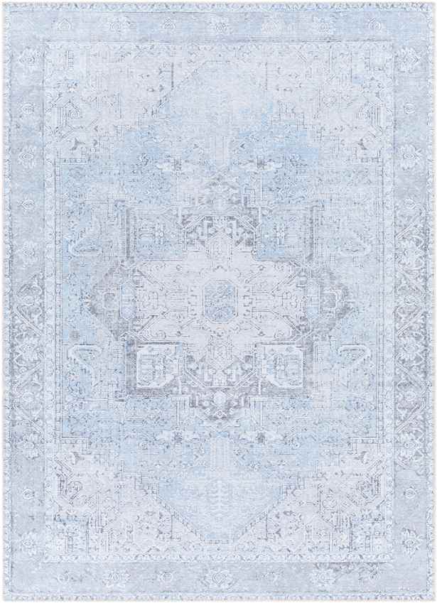 Nora Traditional Mandala Washable Rug, Ice Blue