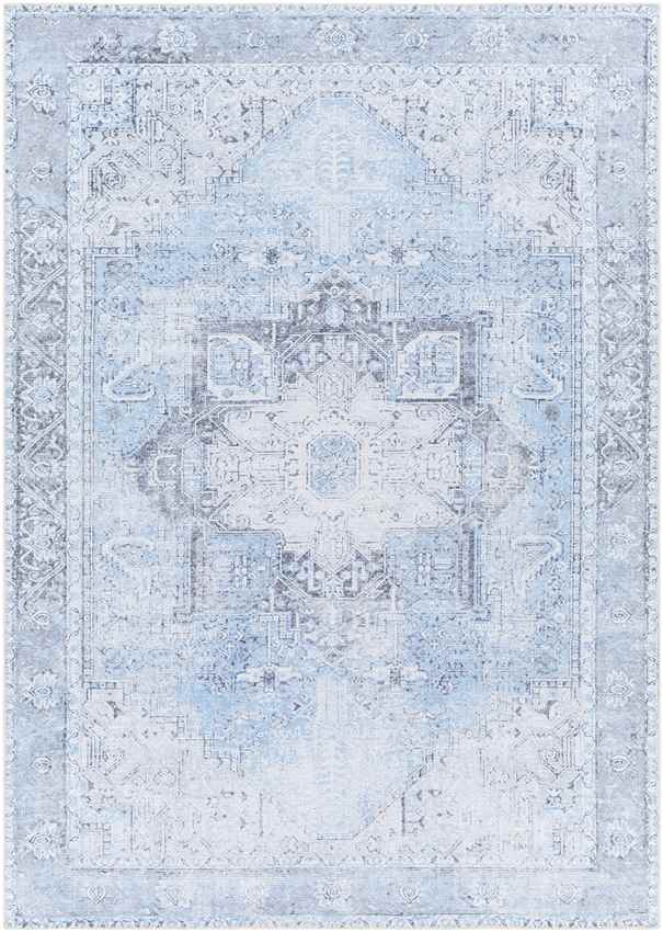 Nora Traditional Mandala Washable Rug, Ice Blue