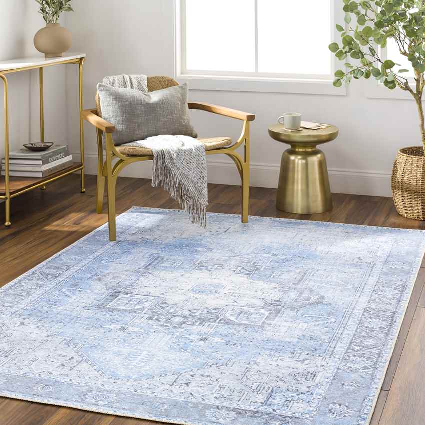 Nora Traditional Mandala Washable Rug, Ice Blue