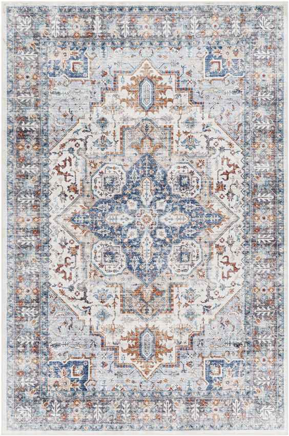 New Cambria Traditional Washable Rug, Light Denim