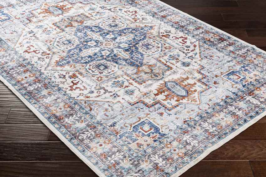 New Cambria Traditional Washable Rug, Light Denim