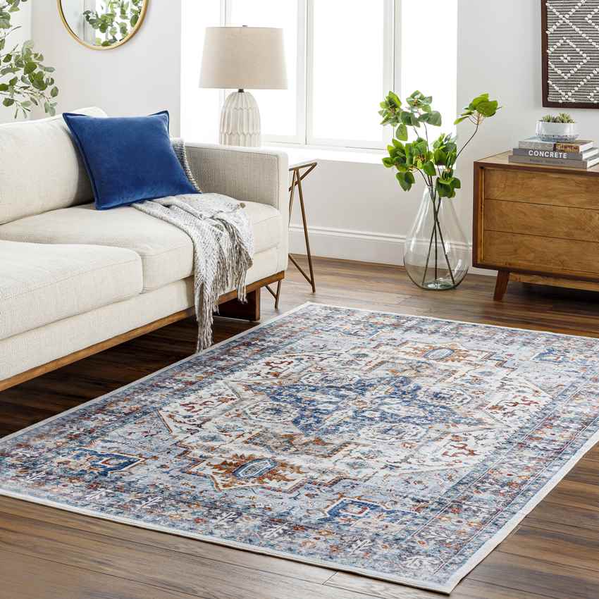 New Cambria Traditional Washable Rug, Light Denim