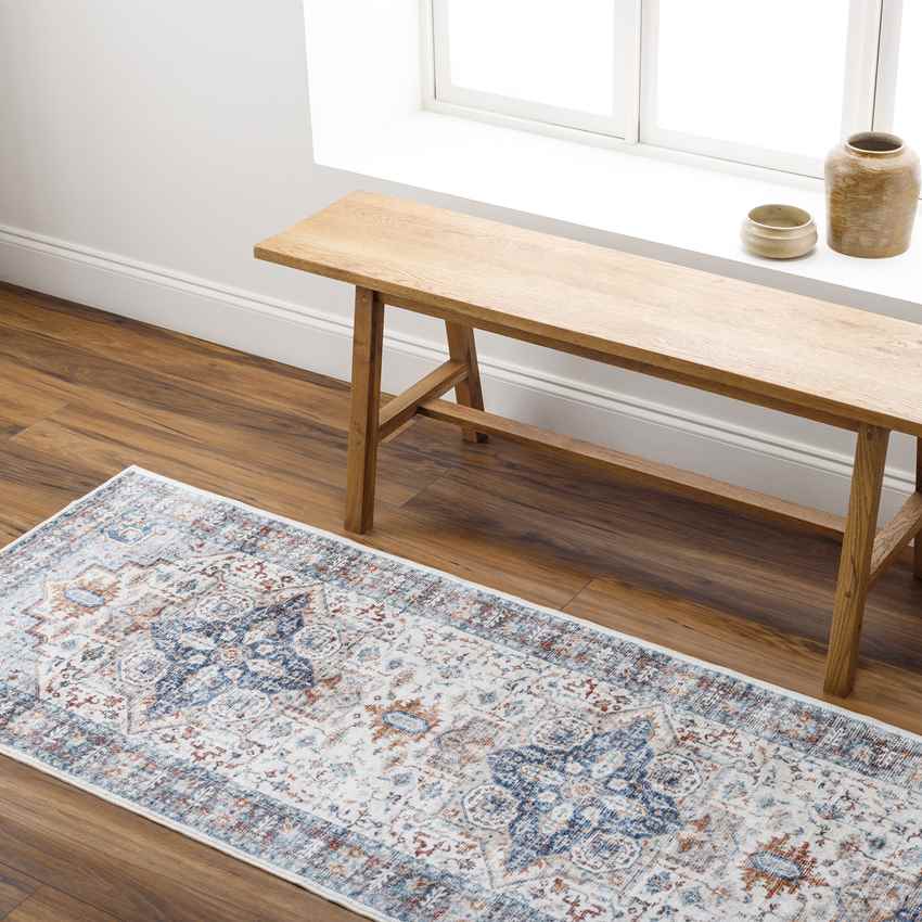 New Cambria Traditional Washable Rug, Light Denim