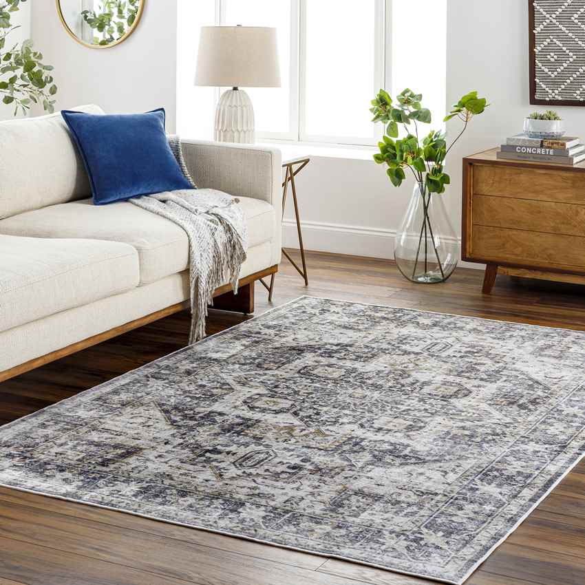 New Cambria Traditional Washable Rug, Charcoal