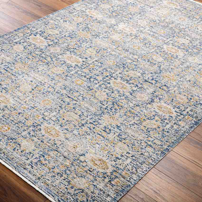 Prentiss Traditional Washable Area Rug, Denim/Sunflower