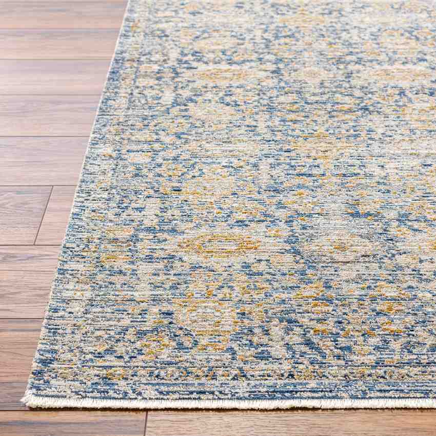 Prentiss Traditional Washable Area Rug, Denim/Sunflower