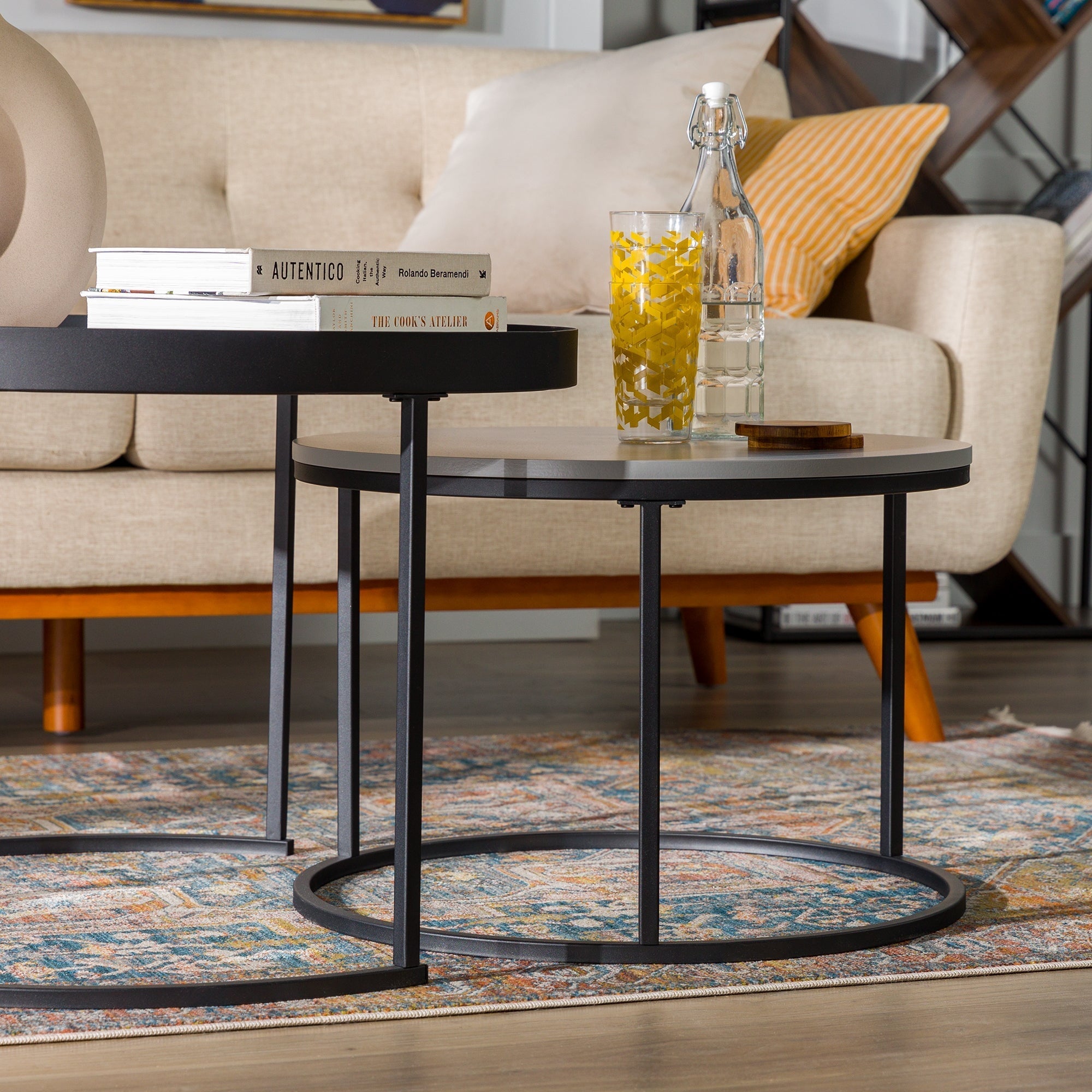 Modern Round Nesting Coffee Tables with Round Base, Set of 2