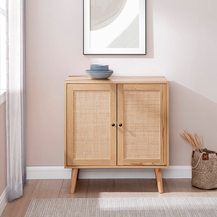 30" Wood and Rattan 2-Door Accent Cabinet