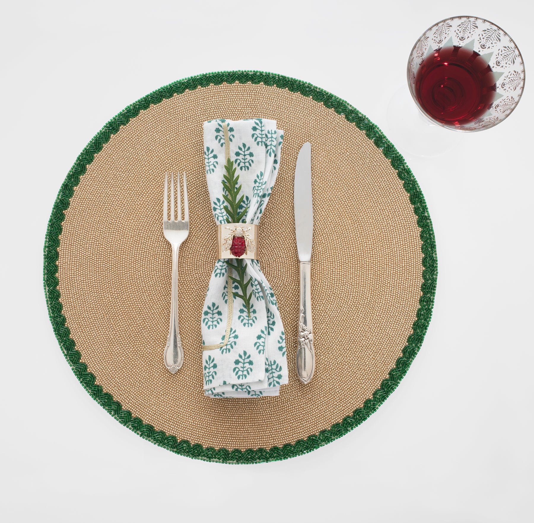 Scalloped Edge Hand Beaded Placemat, Green