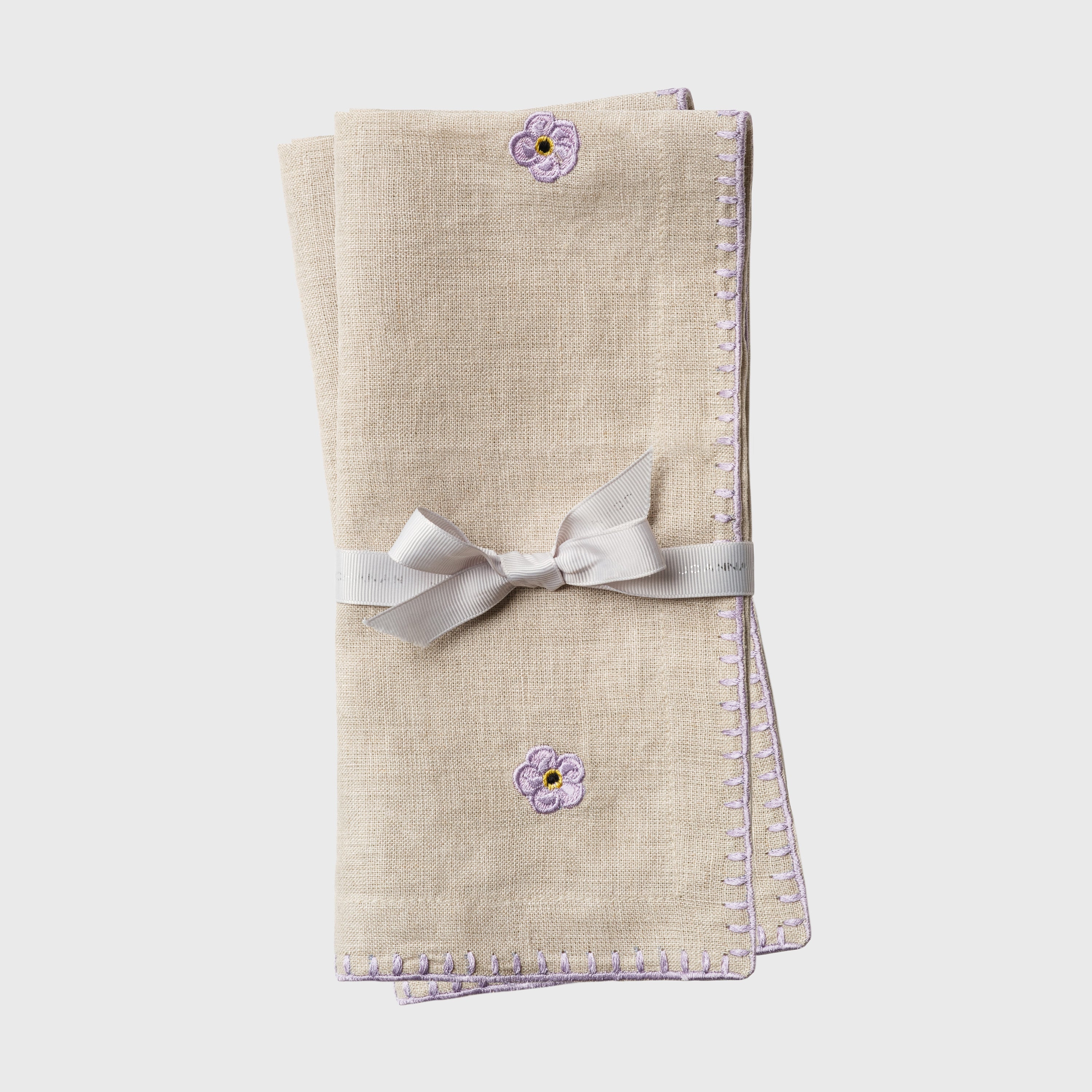 Violet Embroidered Dinner Napkins, Flax, Set of Two