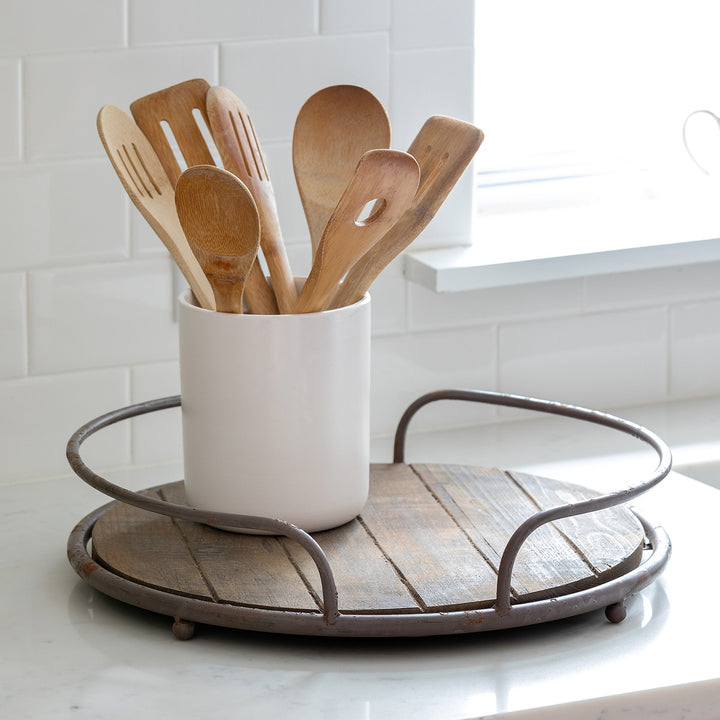 Round Wooden Tray with Iron Handles