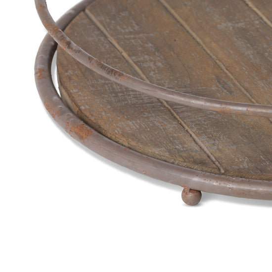 Round Wooden Tray with Iron Handles