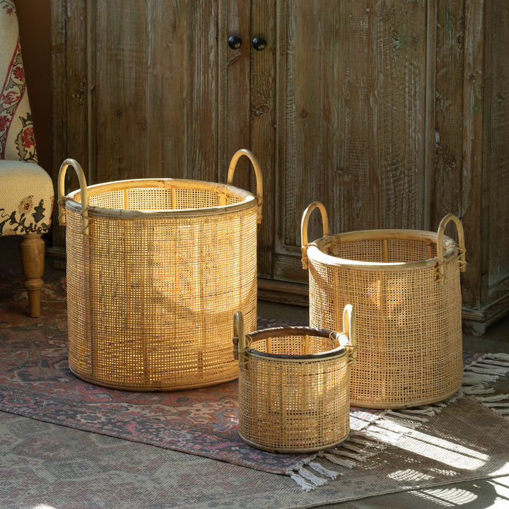 Woven Rattan Baskets with Handles, Set of 3