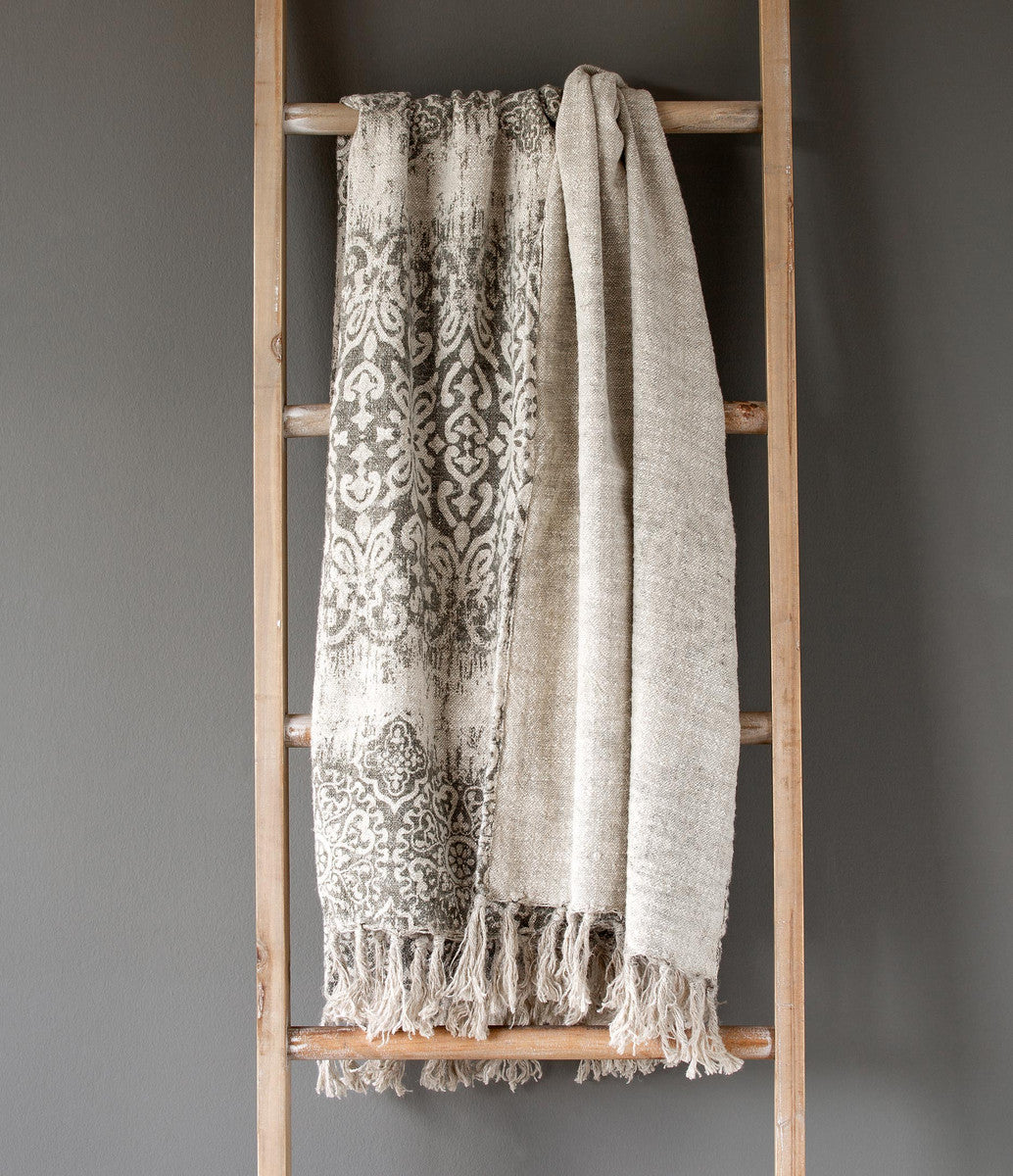 Vintage Printed Linen Throw, Soft Grey