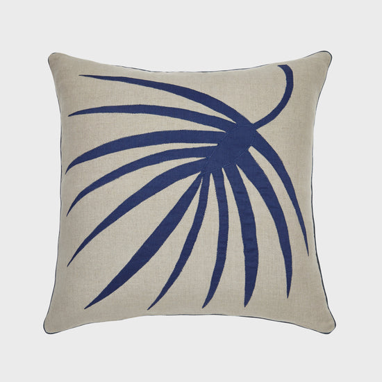 Palm Frond Pillow, Natural Linen with Indigo