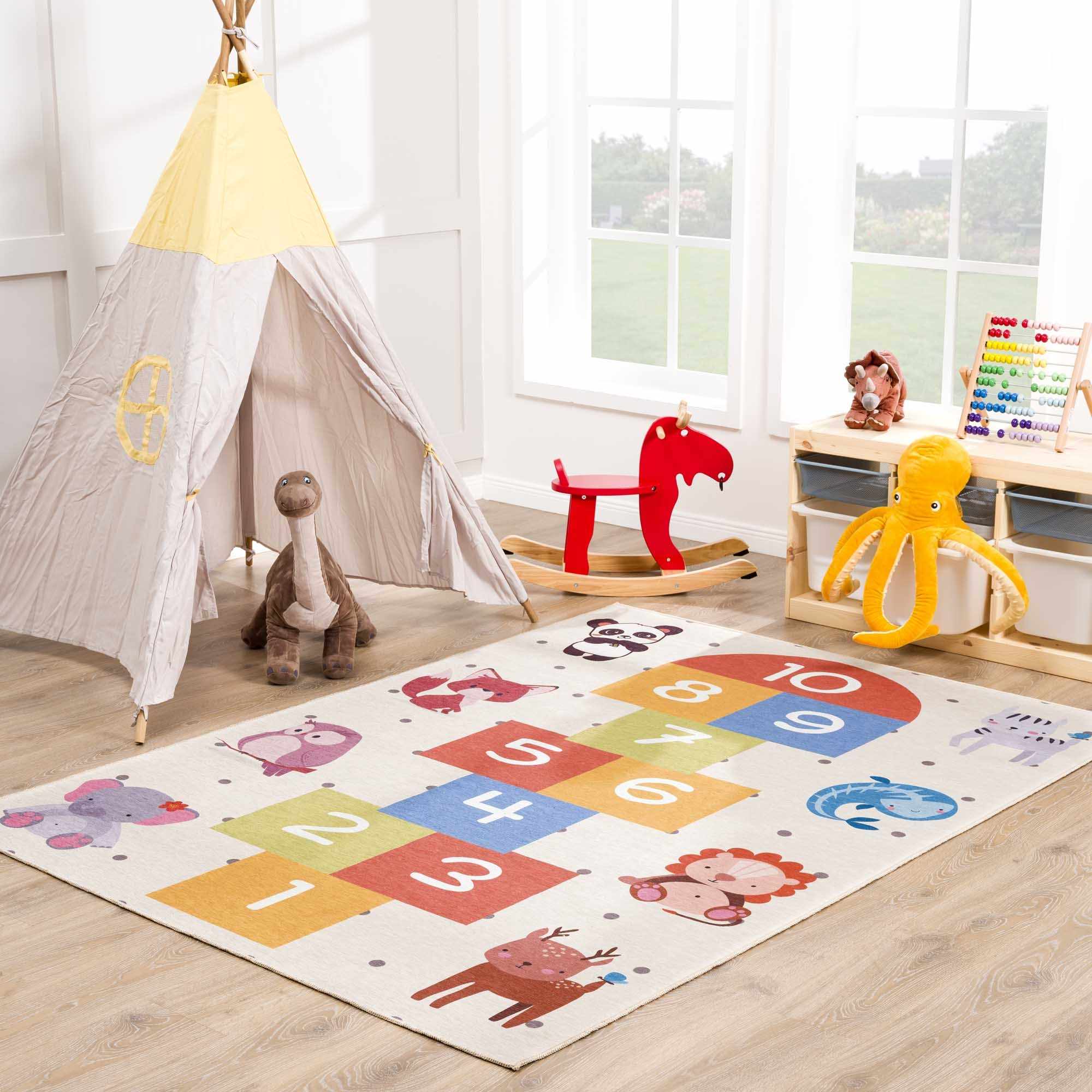 Kids Washable Area Rug, Colorful Lundy Hopscotch