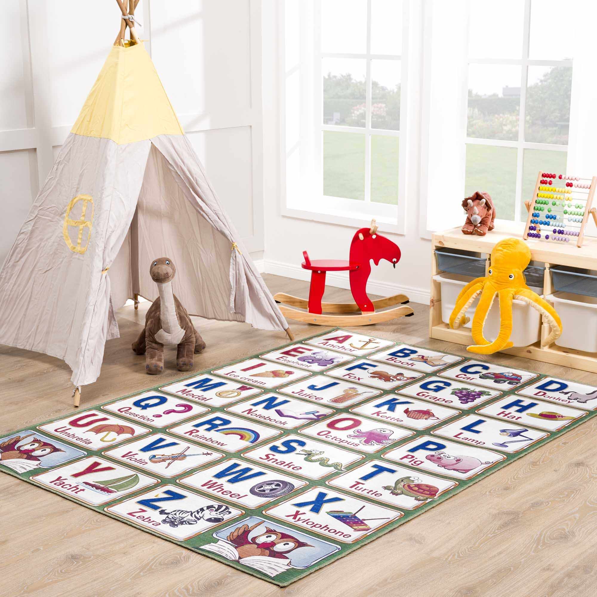 Kids Washable Area Rug, Colorful Osric Alphabet