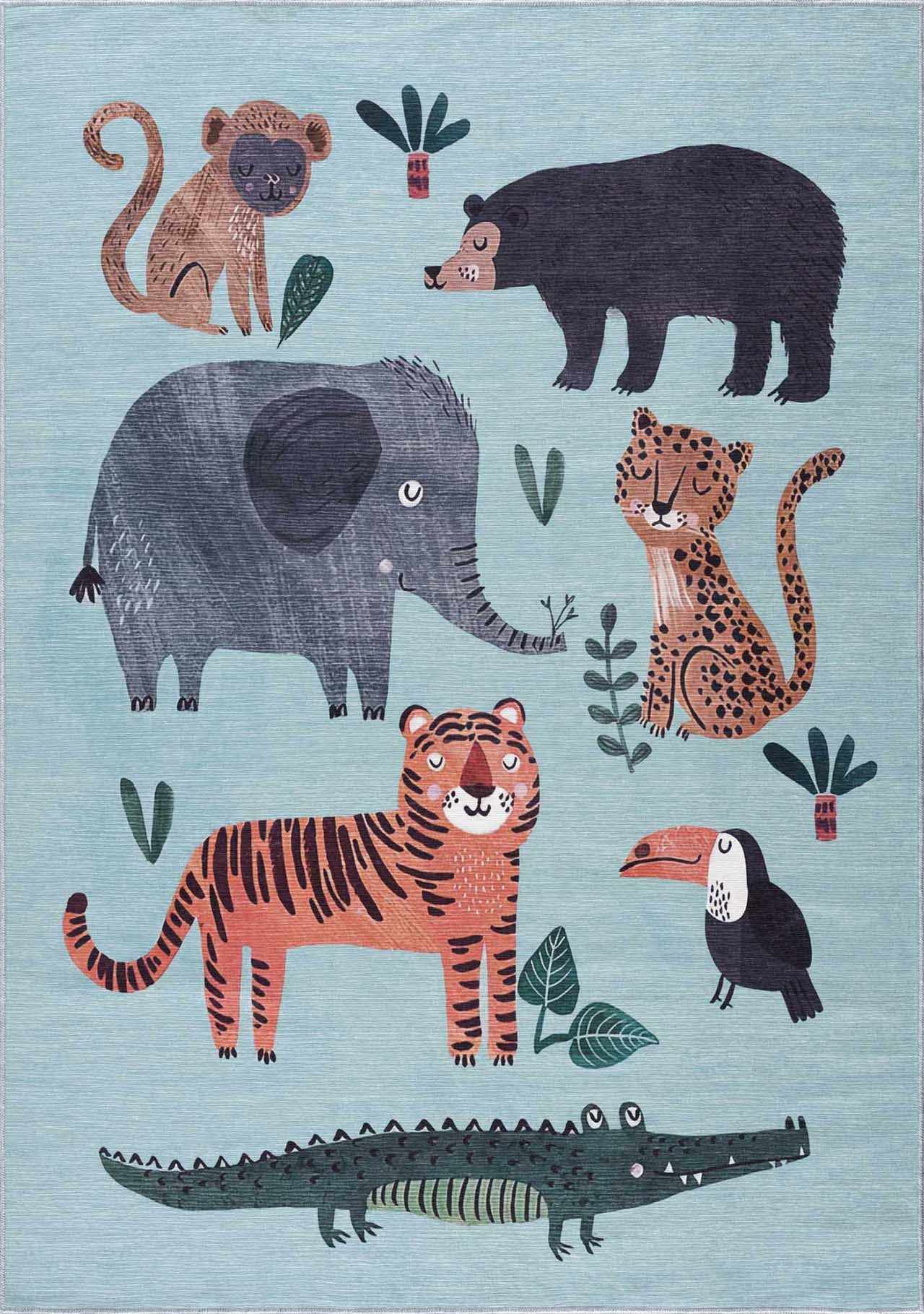 Kids Washable Area Rug, Petey Blue Animal Print