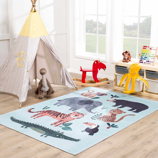 Kids Washable Area Rug, Petey Blue Animal Print