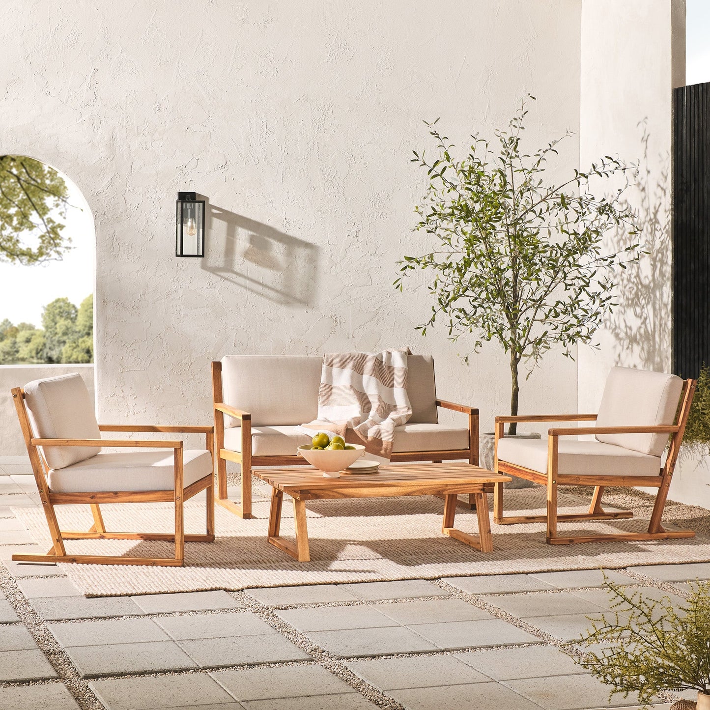 Prenton 4-Piece Modern Acacia Outdoor Slatted Chat Set with Coffee Table