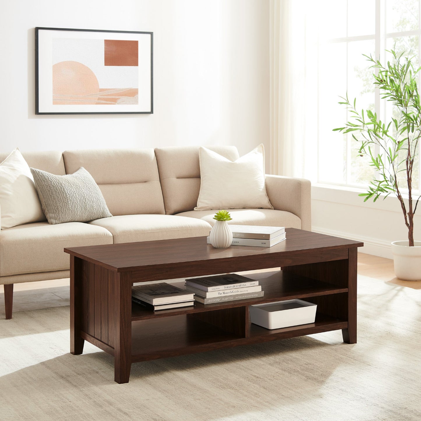 Groove Coastal Grooved Panel Coffee Table with Lower Shelf