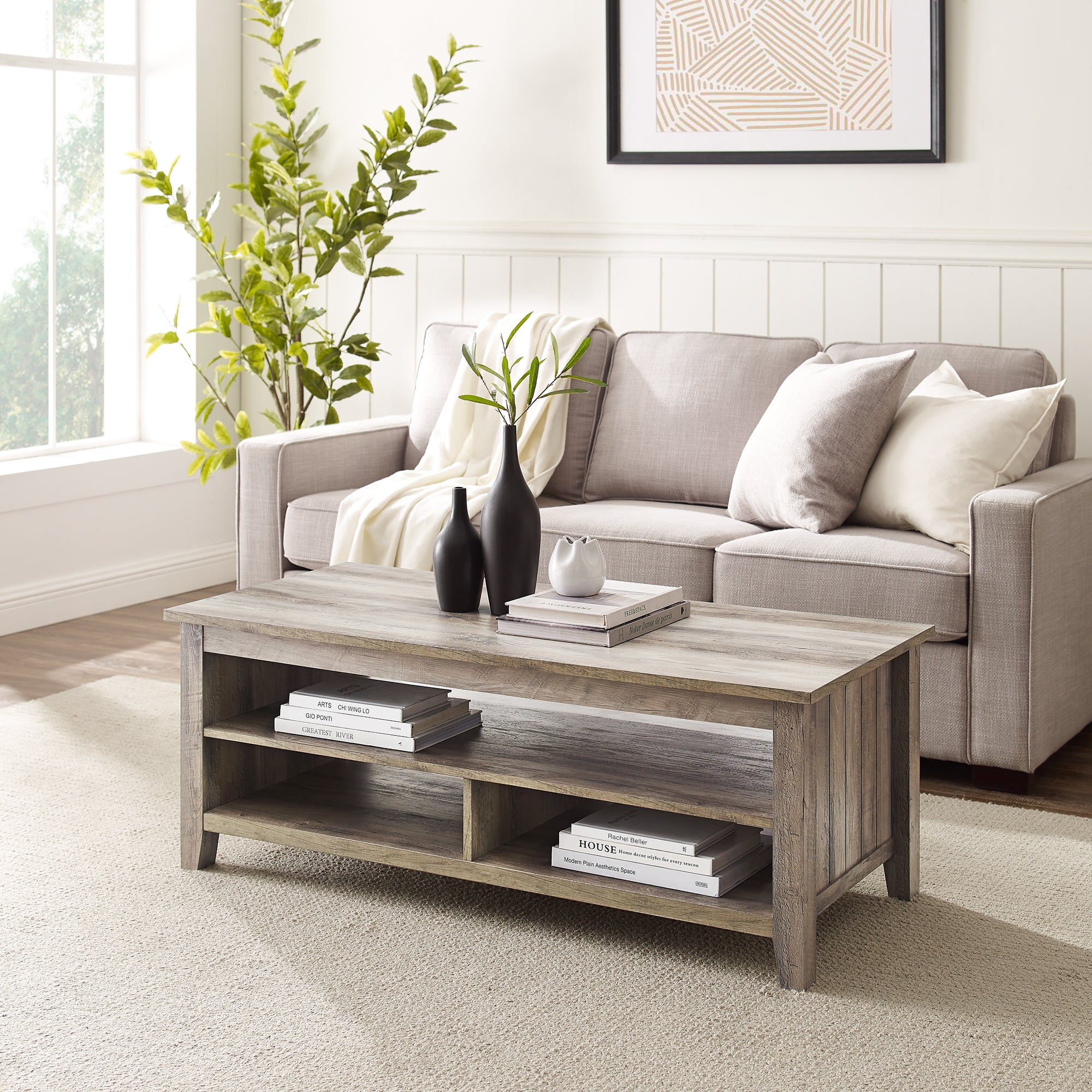 Groove Coastal Grooved Panel Coffee Table with Lower Shelf