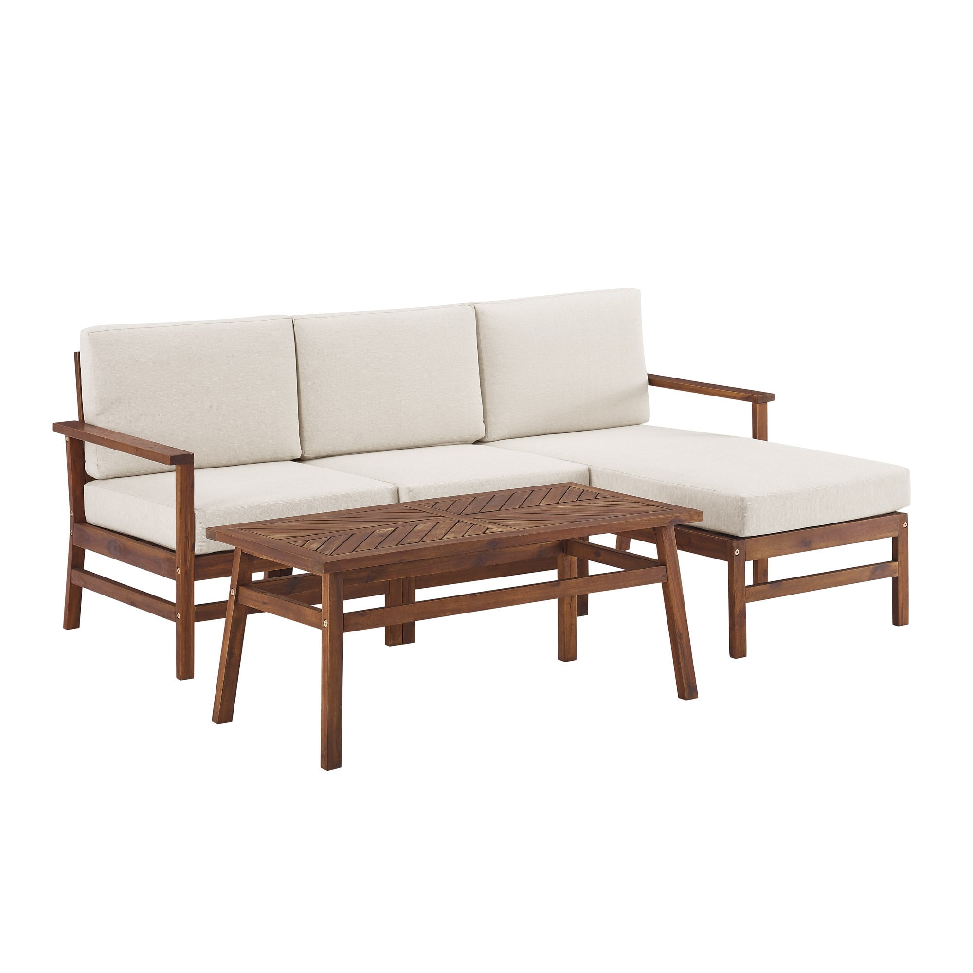 4-Piece Modern Chevron Acacia Outdoor Chaise Sectional with Coffee Table