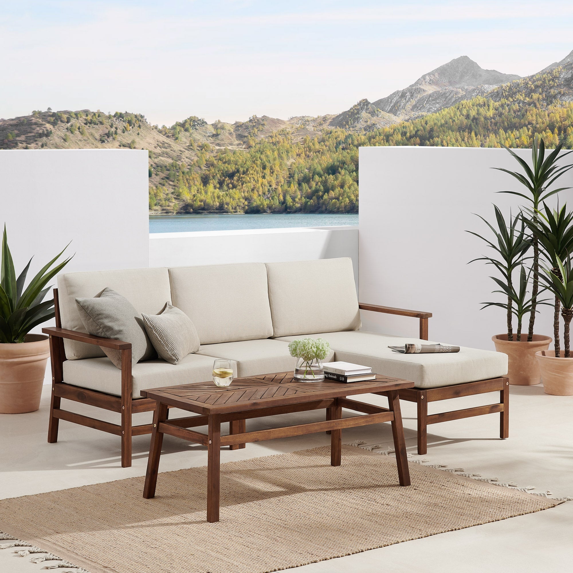 4-Piece Modern Chevron Acacia Outdoor Chaise Sectional with Coffee Table