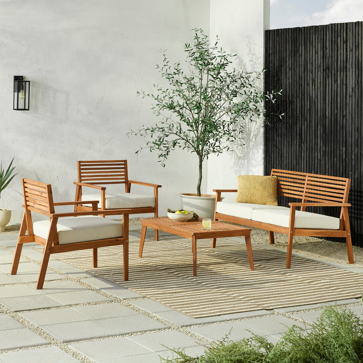 Zander 4-Piece Mid-Century Modern Acacia Outdoor Slat-Back Chat Set with Coffee Table