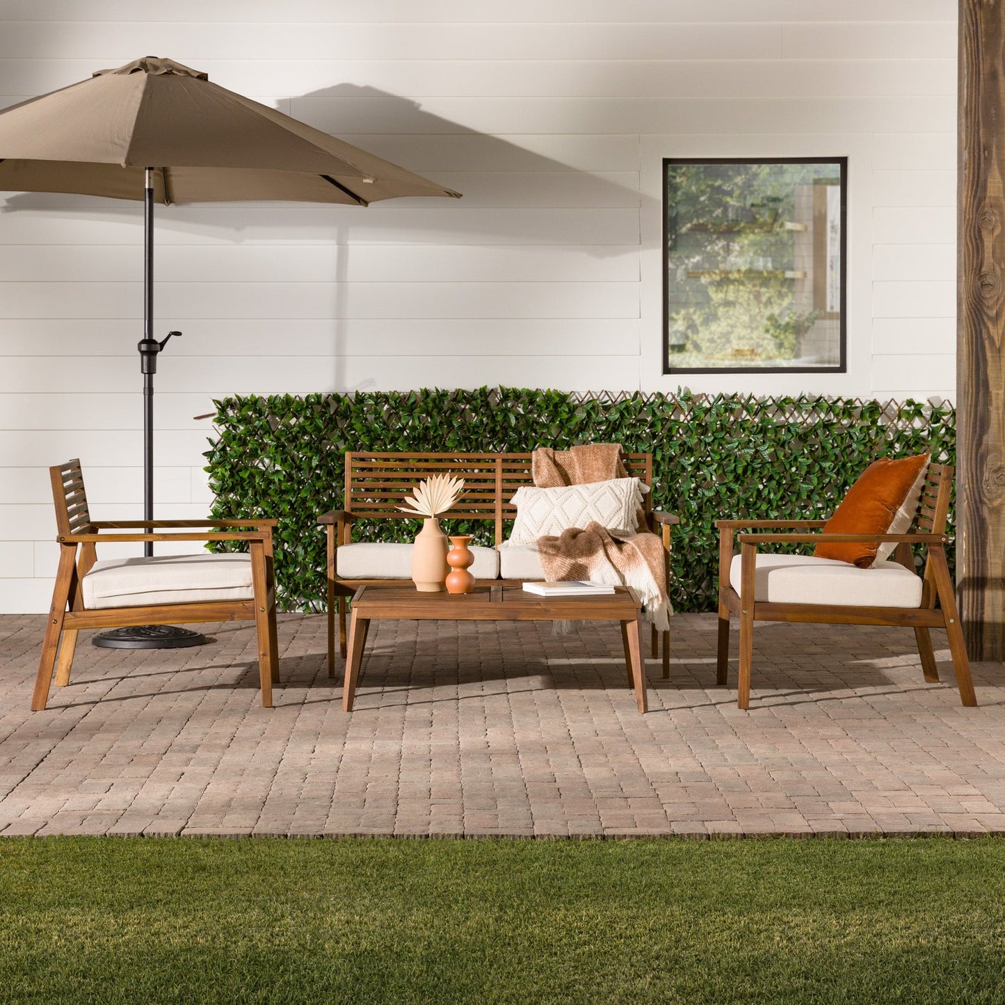 Zander 4-Piece Mid-Century Modern Acacia Outdoor Slat-Back Chat Set with Coffee Table